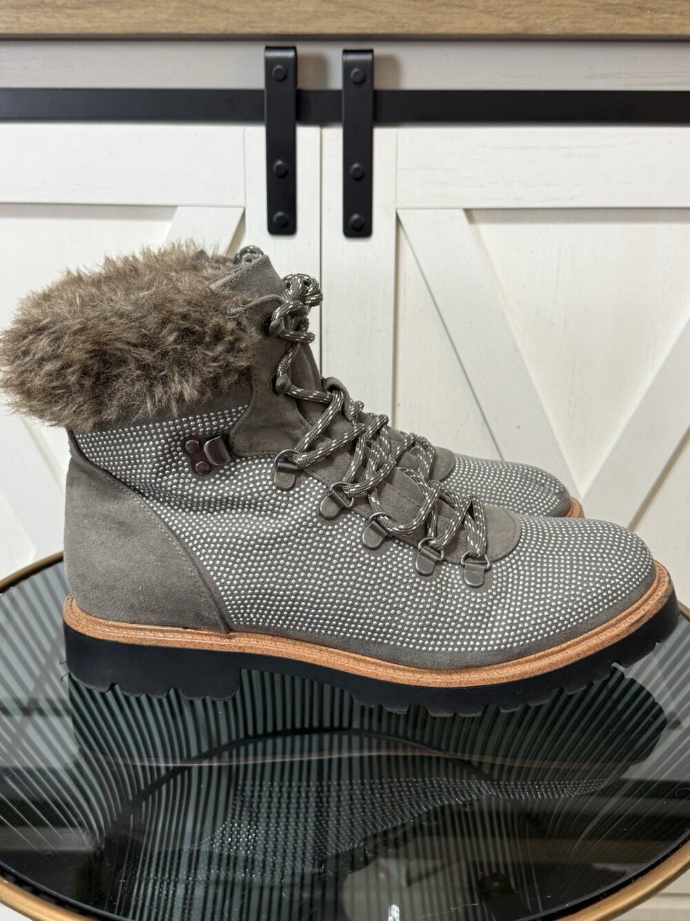 Report Women’s Size 10 Grey Combat Hiking Boots Faux Fur Collar Rhinestone Studs
